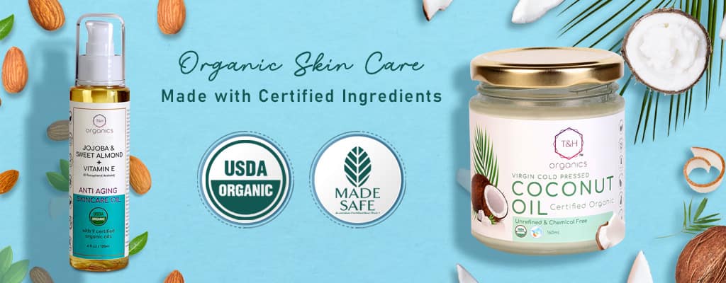 Home Page Banner Of coconut oil and anti aging skincare oil with text organic skin care made with certified Ingredients